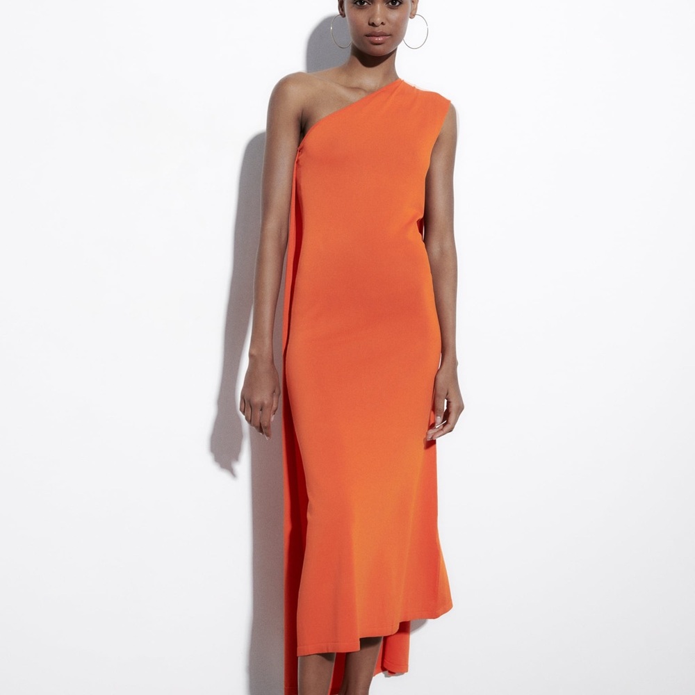 Zara One-Shoulder Orange Midi Dress (Limited Edition). NWT